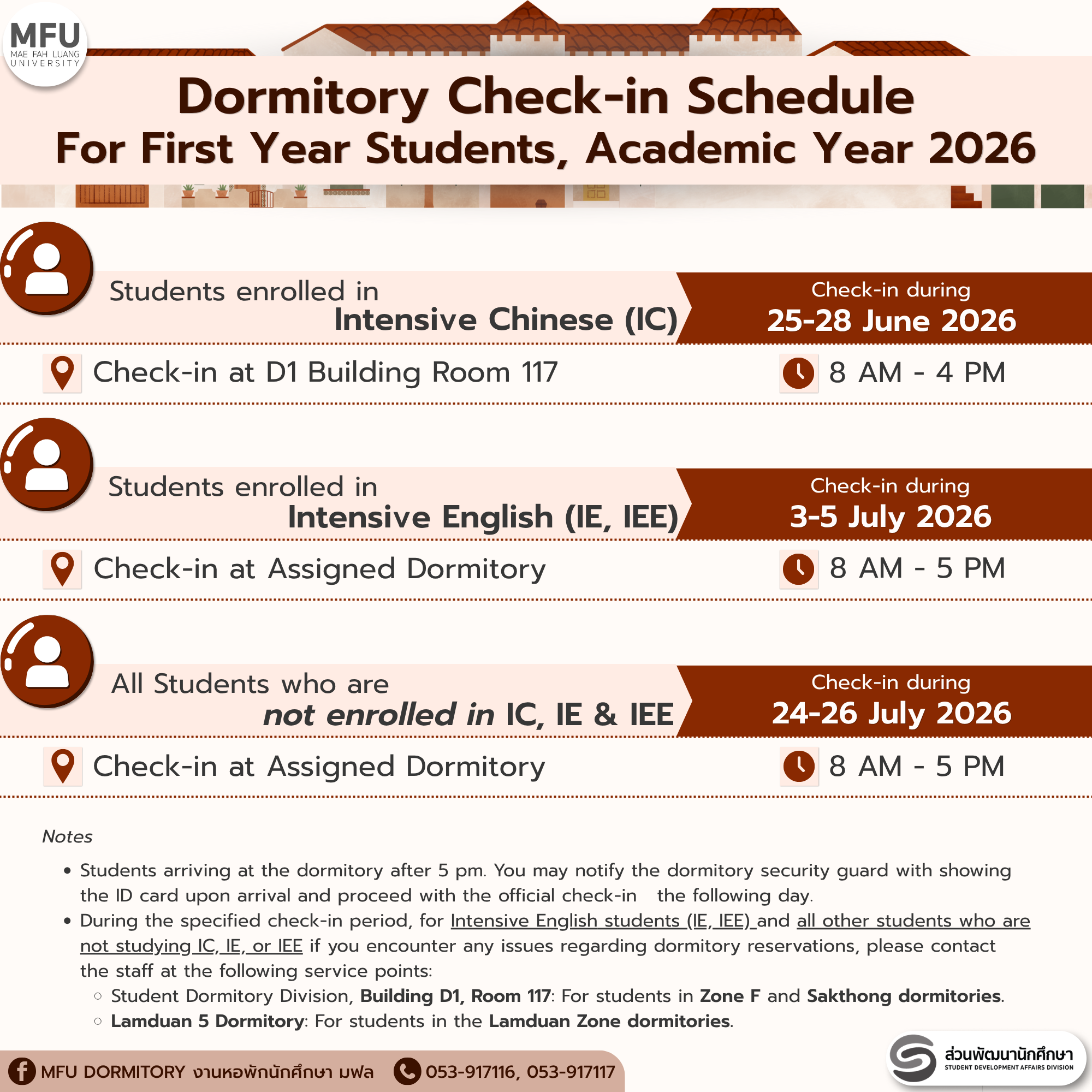 Dormitory Check-in Schedule For First Year Students, Academic Year 2026